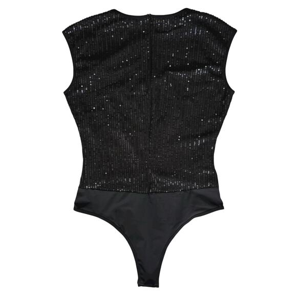 New Black Sequined Bodysuit Medium Snap Closure Club Holiday Glam Bling Sparkle - Picture 9 of 12